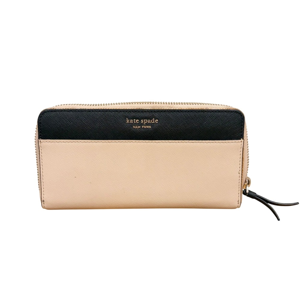 Kate Spade New York Saffiano Leather Zip Around Wallet Black Beige Colorblock